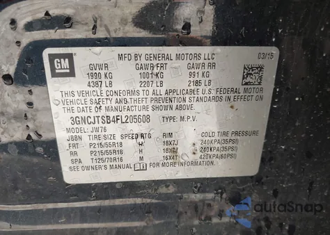 2015 Chevrolet Trax Ltz from USA, damaged, VIN 3GNCJTSB4FL205608